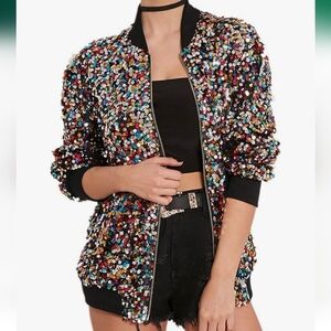 NWT Cresay Women's Sequin Fitted Long Sleeve Zipper Bomber Jacket LARGE